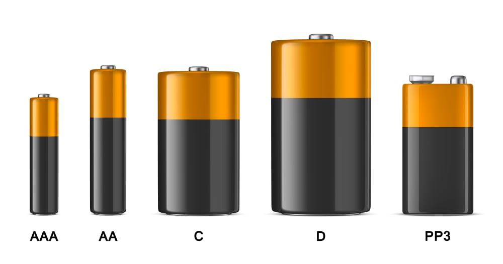 Klassiska batterier i typerna AAA, AA, C, D och PP3 (9V).